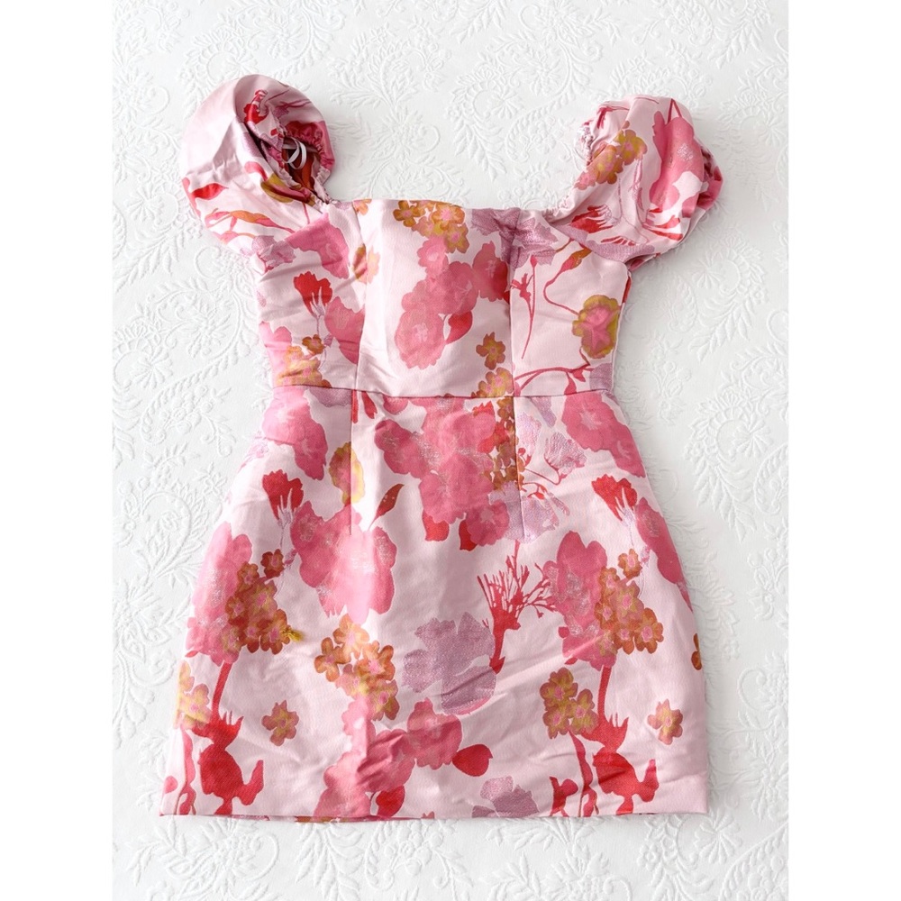 NWOT Lulus So Stunning Orange Multi Floral Jacquard Puff Sleeve Mini Dress - Picture 2 of 8
